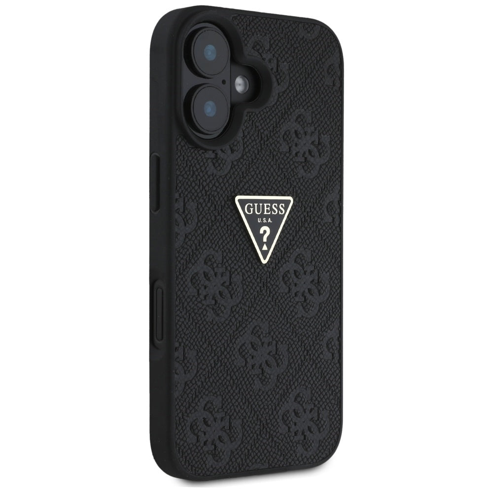 Husa de protectie Guess Leather Hot Stamp 4G Pattern Triangle Metal Logo (GUHCP16SPGP4STRK) compatibil cu iPhone 16, Negru
