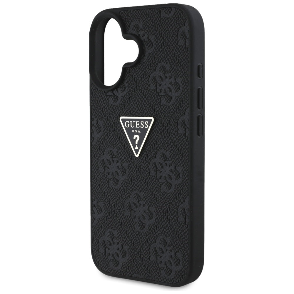 Husa de protectie Guess Leather Hot Stamp 4G Pattern Triangle Metal Logo (GUHCP16SPGP4STRK) compatibil cu iPhone 16, Negru