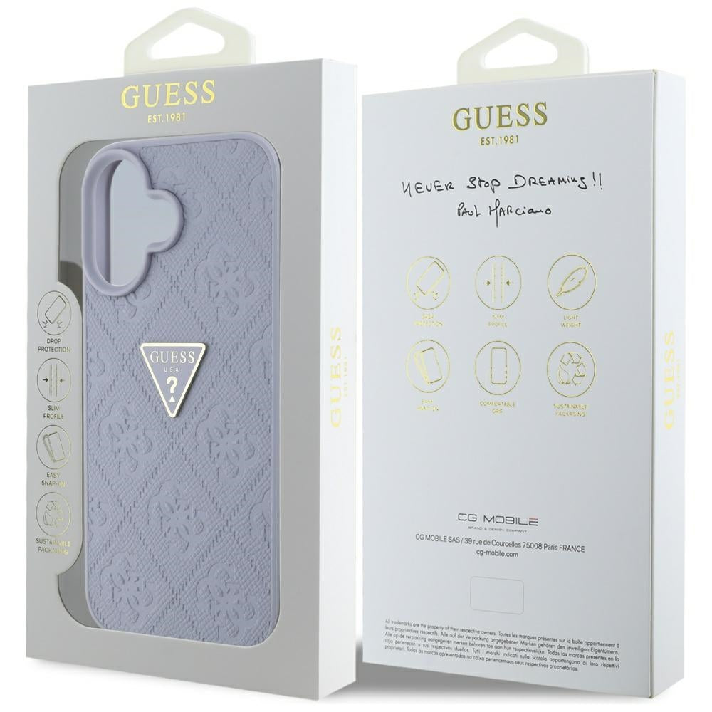 Husa de protectie Guess Leather Hot Stamp 4G Pattern Triangle Metal Logo (GUHCP16SPGP4STRU) compatibil cu iPhone 16, Mov Deschis