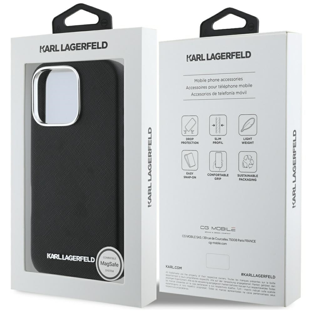 Husa de protectie Karl Lagerfeld Saffiano Full Wrapped Elongated Metal Logo MagSafe (KLHMP16LPSAFWMCK) compatibil cu iPhone 16 Pro, Negru