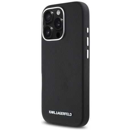 Husa de protectie Karl Lagerfeld Saffiano Full Wrapped Elongated Metal Logo MagSafe (KLHMP16XPSAFWMCK) compatibil cu iPhone 16 Pro Max, Negru