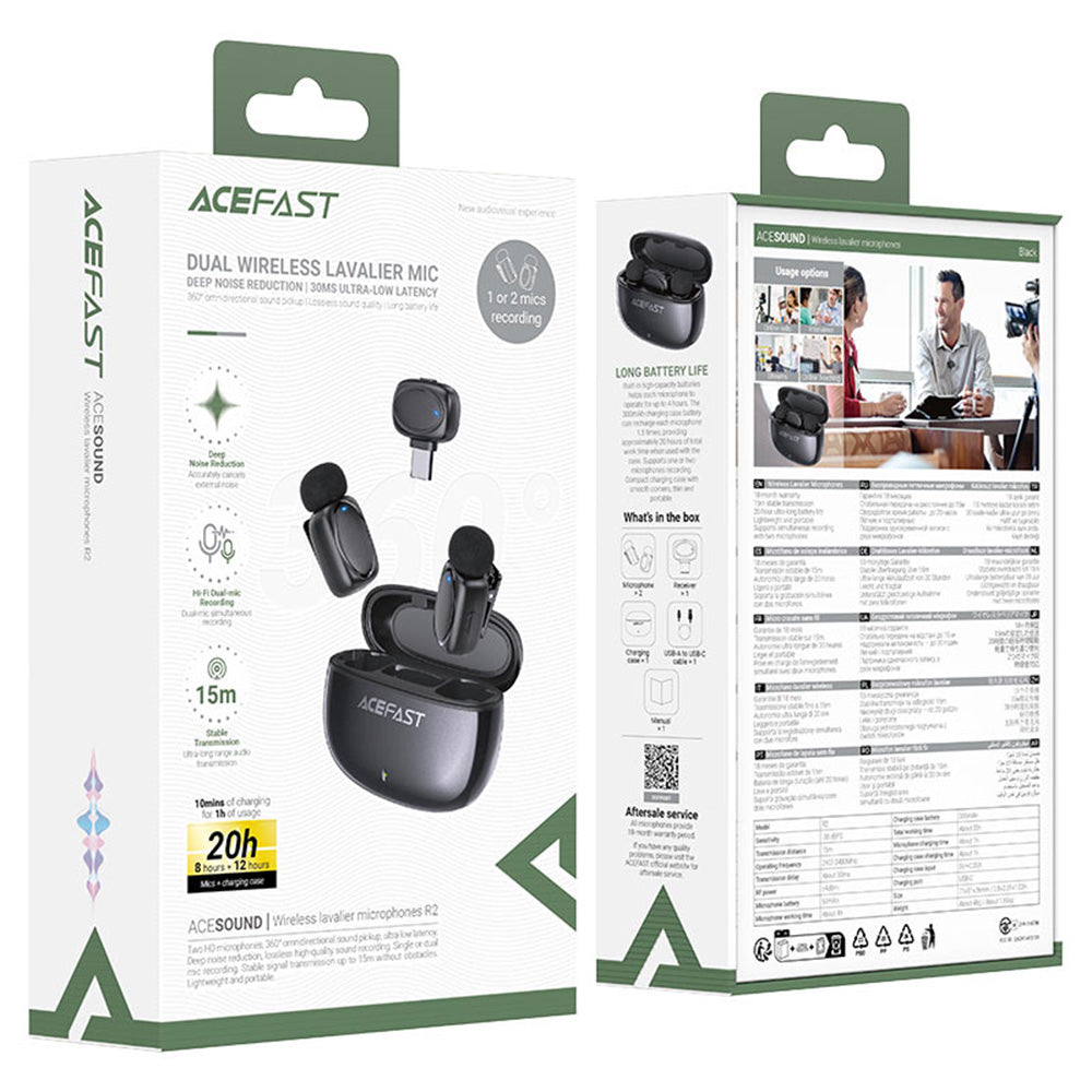 Casti Acefast Wireless Lavalier Microphones (R2), Type-C, 360°, Noise Reduction, Dual-mic Rec, 300mAh, Ultra-low Latency, Negru