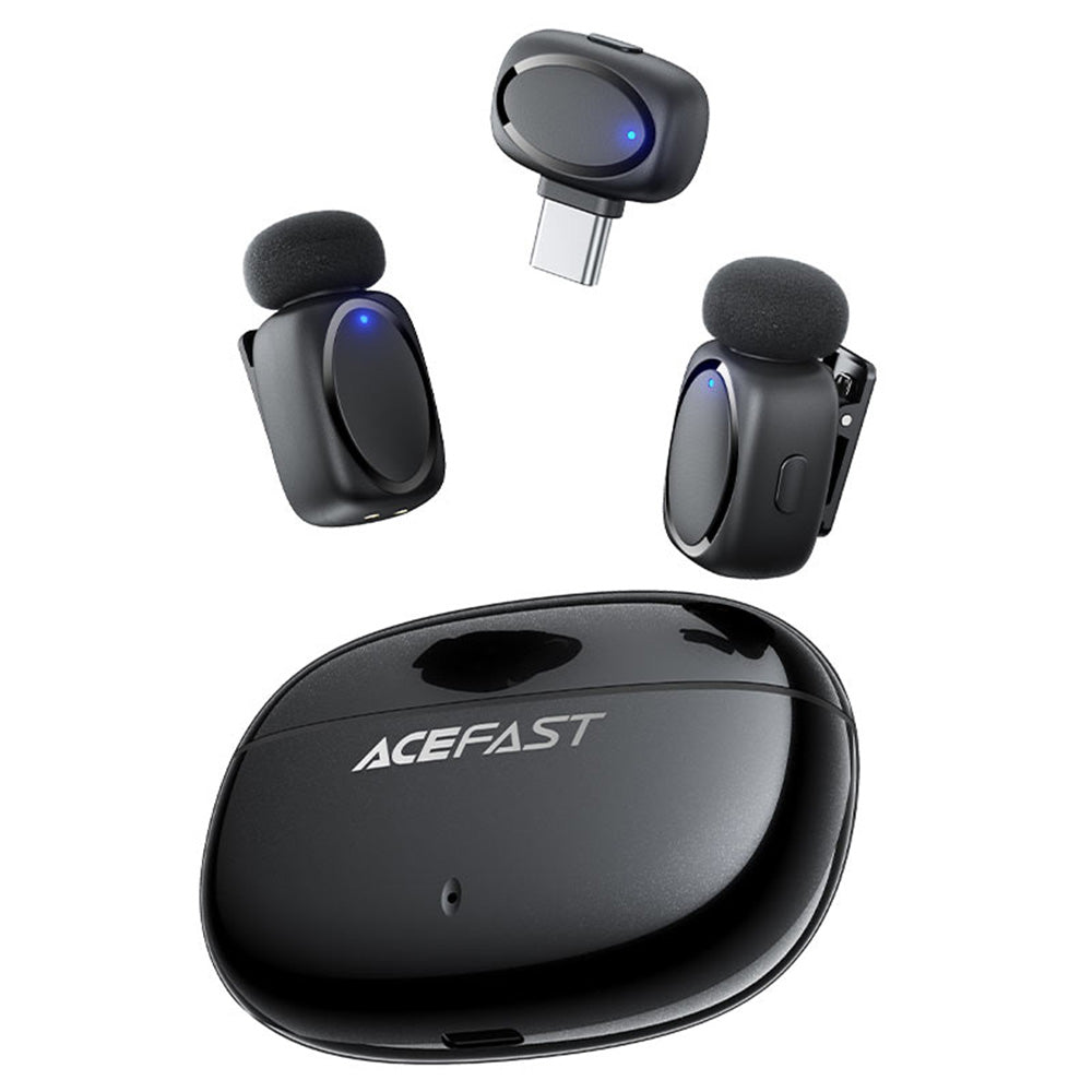 Casti Acefast Wireless Lavalier Microphones (R2), Type-C, 360°, Noise Reduction, Dual-mic Rec, 300mAh, Ultra-low Latency, Negru