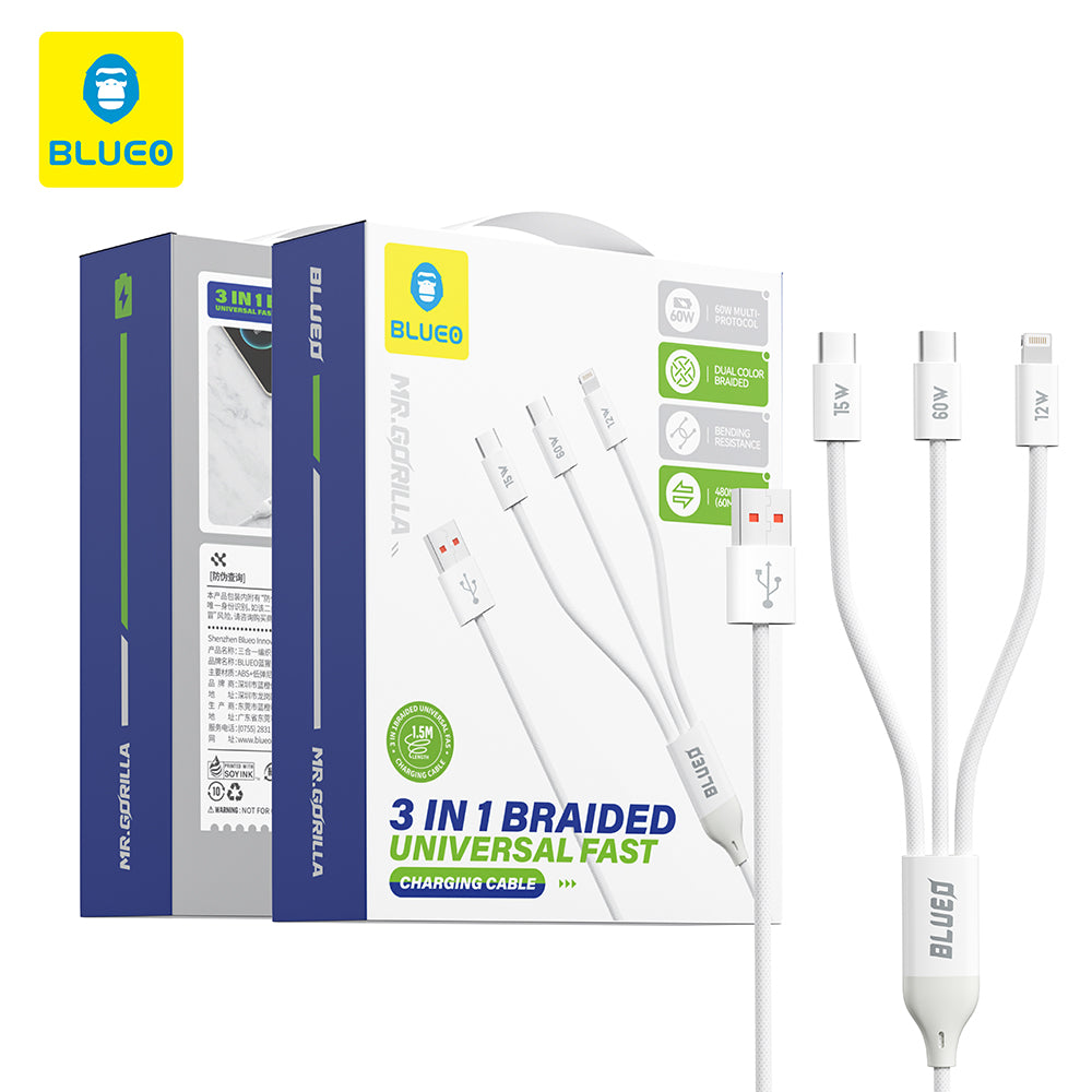 Cablu Blueo 3in1, USB to 2x Type-C, Lightning, Fast Charging, Nylon Braided, 60W, 1.2m, Alb