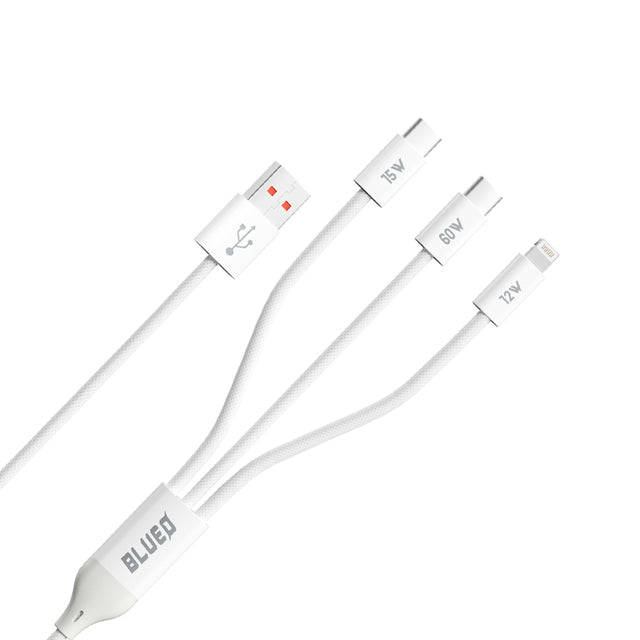 Cablu Blueo 3in1, USB to 2x Type-C, Lightning, Fast Charging, Nylon Braided, 60W, 1.2m, Alb