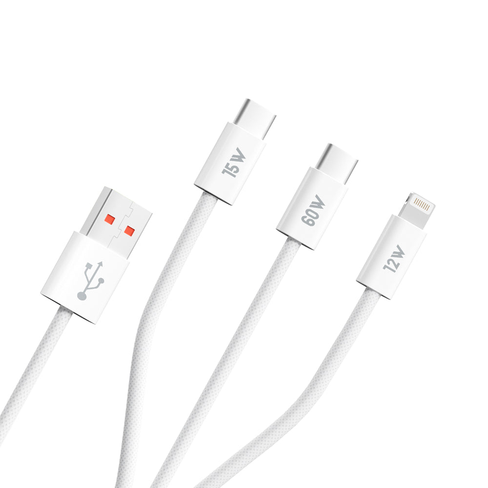 Cablu Blueo 3in1, USB to 2x Type-C, Lightning, Fast Charging, Nylon Braided, 60W, 1.2m, Alb