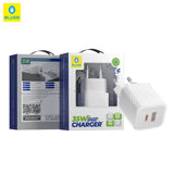 Incarcator Blueo Dual Port, 1x USB, 1x Type-C, GaN Technology, Fast Charge, Elegant Finish, PD3.0, 35W, Alb