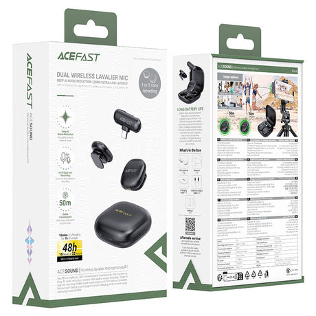 Casti Acefast Wireless Lavalier Microphones (R1), Type-C, 360° Pickup Range, Noise Reduction, 750mAh, Ultra-low Latency, Negru