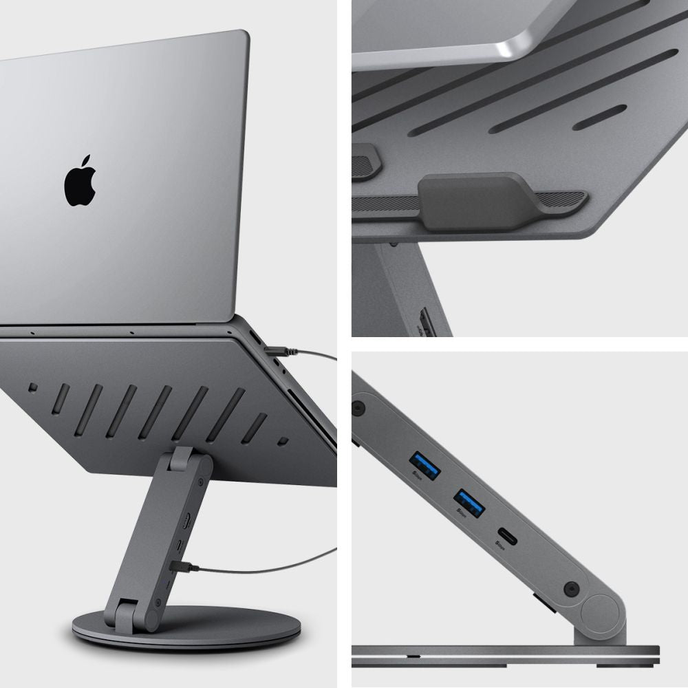 Suport Spigen Laptop LD204H (AMP08885), with Built-in Hub 2x USB, 3x Type-C, HDMI, 360° Rotation, Adjustable, Secure Grip, Argintiu