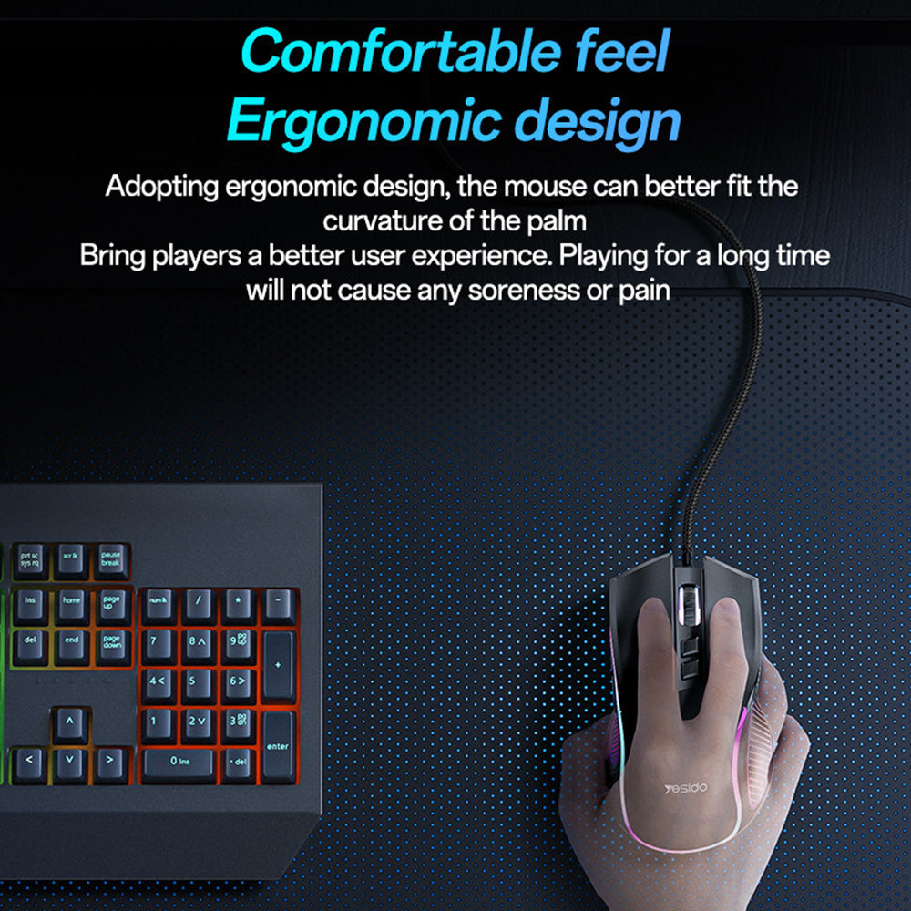 Tastatura/Mouse Yesido Wired Gaming Mouse (KB20), with RGB Light, DPI:1000-7200, USB, Windows/XP/7/8/10/11/MAC 05, 110cm, Negru