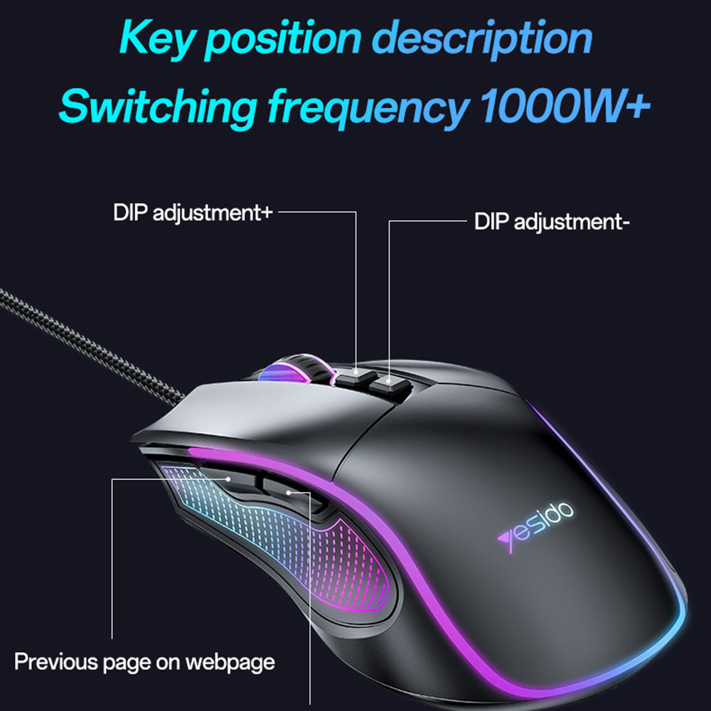 Tastatura/Mouse Yesido Wired Gaming Mouse (KB20), with RGB Light, DPI:1000-7200, USB, Windows/XP/7/8/10/11/MAC 05, 110cm, Negru