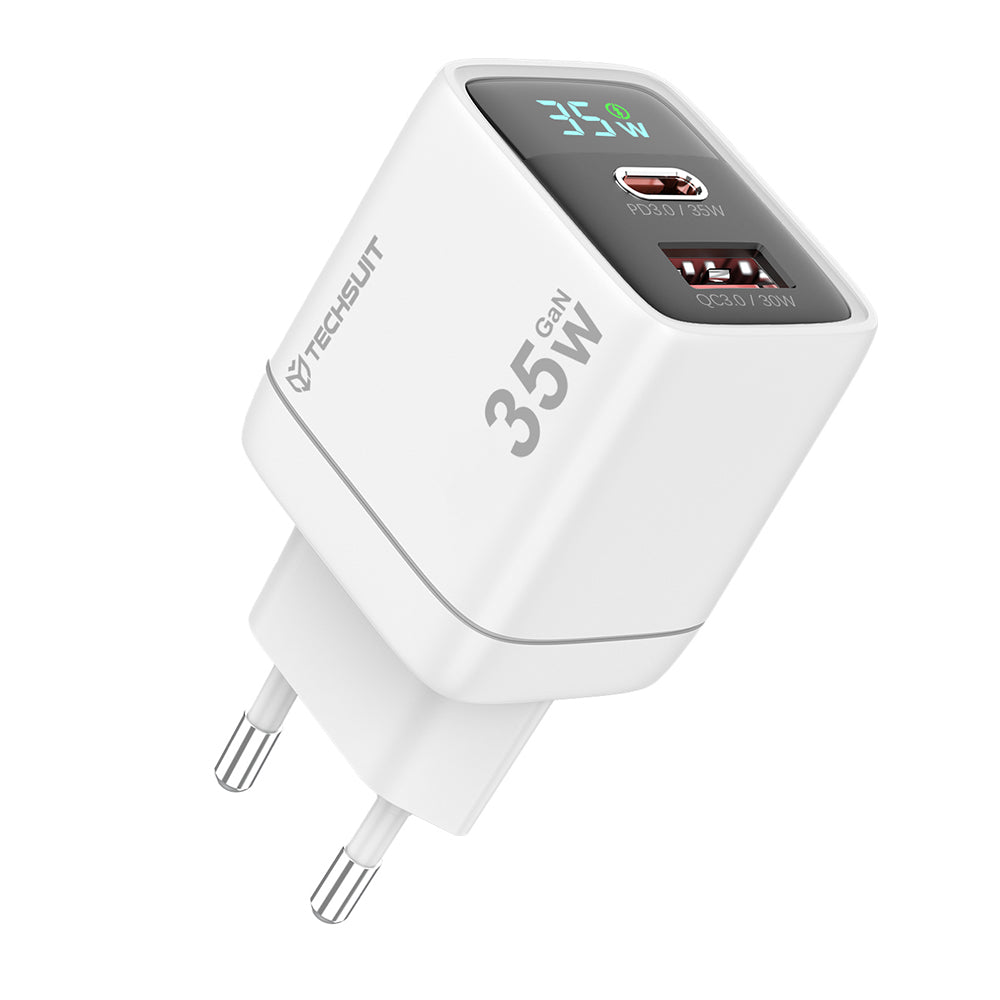 Incarcator Techsuit LEDChargX (CH3), Type-C, USB, GaN Technology, Fast Charge, LED Display, PD35W, Alb