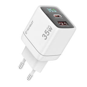 Incarcator Techsuit LEDChargX (CH3), Type-C, USB, GaN Technology, Fast Charge, LED Display, PD35W, Alb