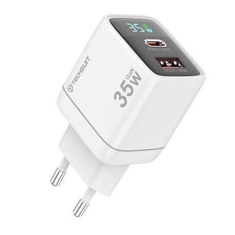 Incarcator Techsuit LEDChargX (CH3), Type-C, USB, GaN Technology, Fast Charge, LED Display, PD35W, Alb