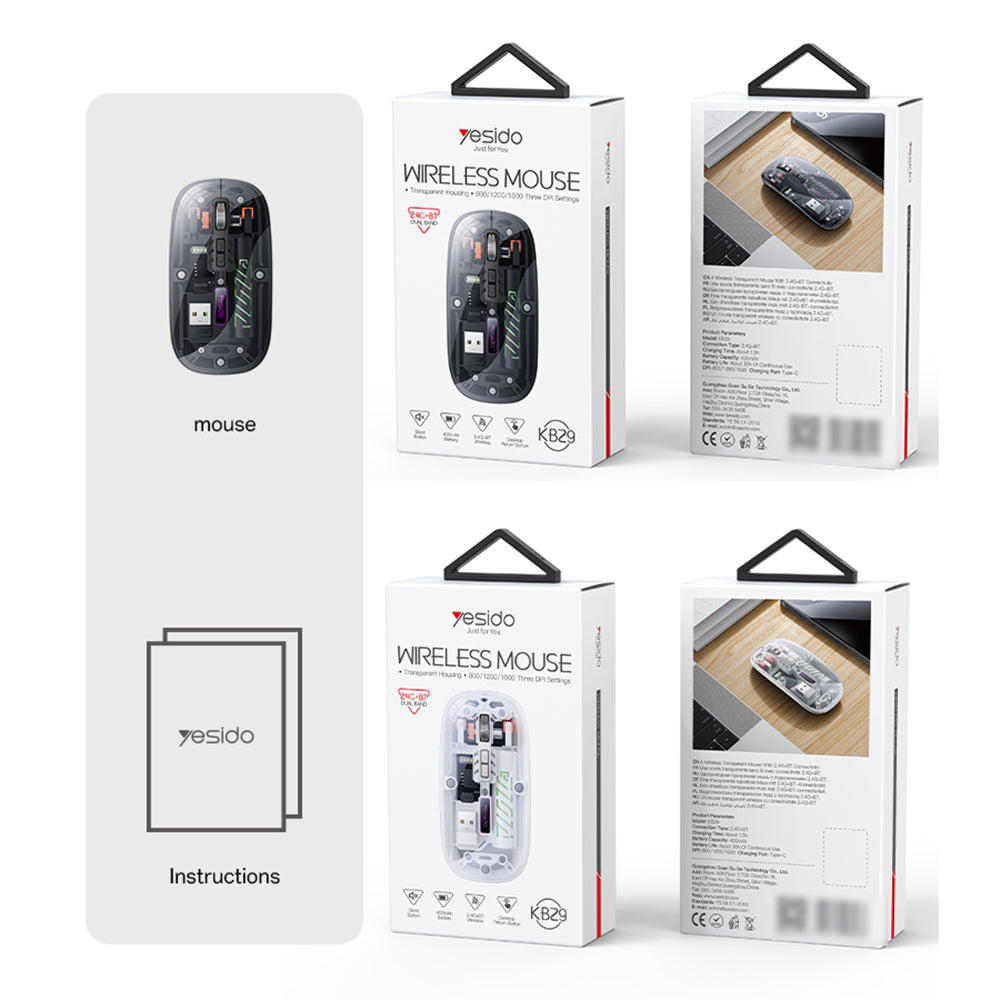 Tastatura/Mouse Yesido Wireless Mouse (KB29), Type-C, BT+ 2.4G Connection, 800/1200/1600DPI, 400mAh, Alb