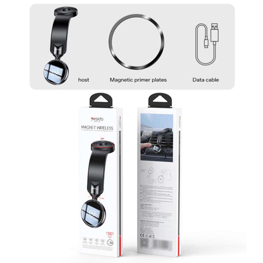 Suport Yesido with Wireless Charging (C316), for Dashboard, N52 Magnets, Flexible, Smart Power Control, 15W, Negru