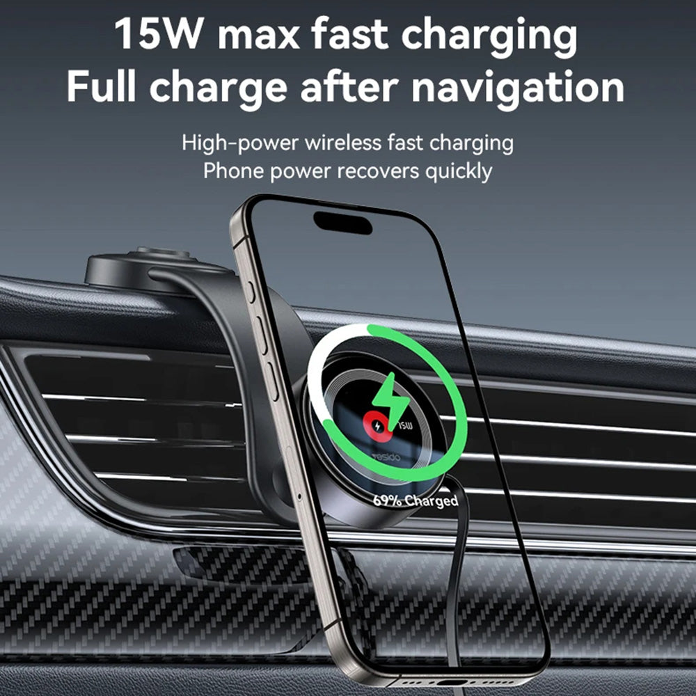 Suport Yesido with Wireless Charging (C314), for Dashboard, with Retractable Cable, Type-C, N52 Magnets, 15W, Negru