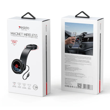 Suport Yesido with Wireless Charging (C314), for Dashboard, with Retractable Cable, Type-C, N52 Magnets, 15W, Negru