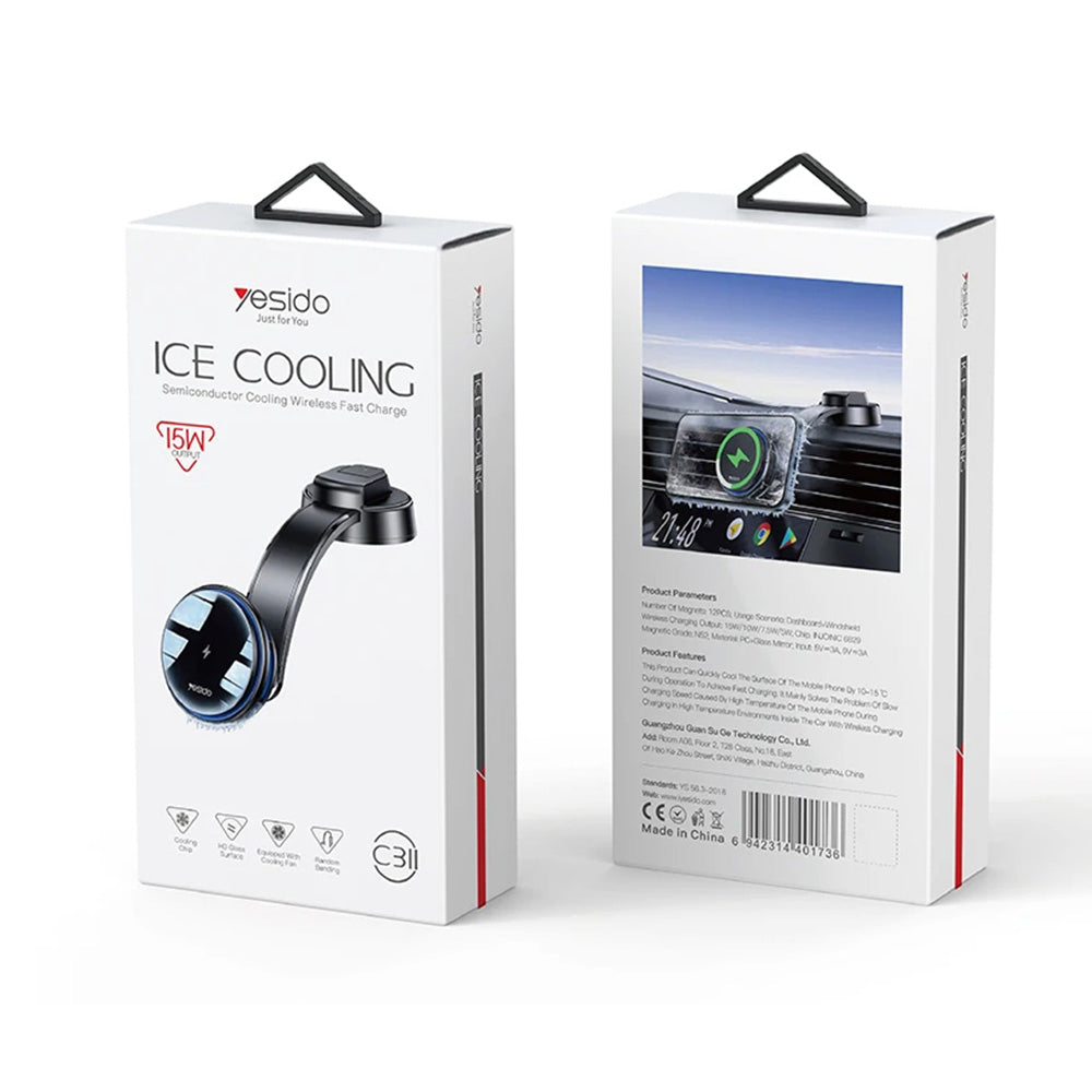 Suport Yesido with Wireless Charging (C311), for Dash, Semiconductor, Powerful Cooling, 2x Ambient Lights, 15W, Negru