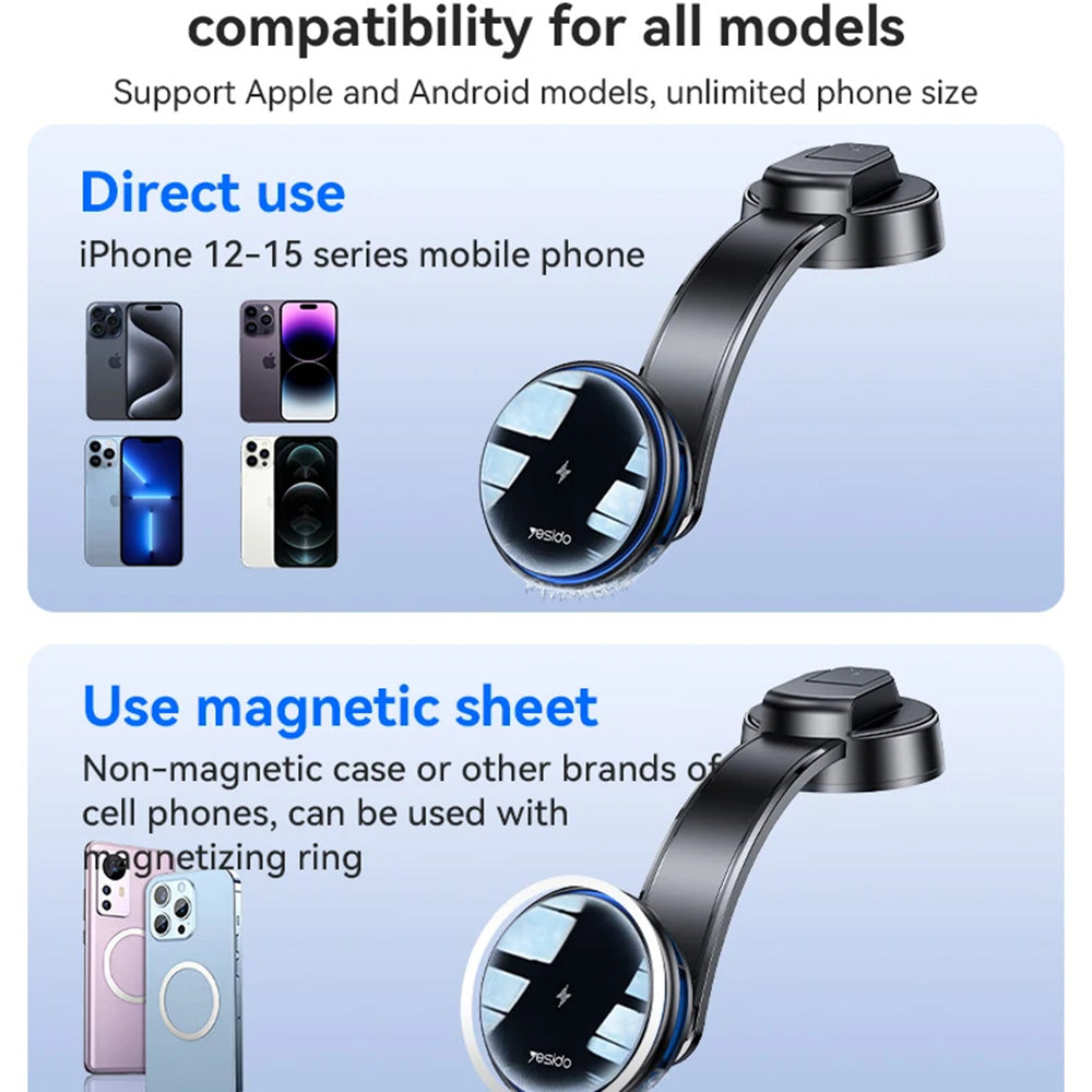 Suport Yesido with Wireless Charging (C311), for Dash, Semiconductor, Powerful Cooling, 2x Ambient Lights, 15W, Negru
