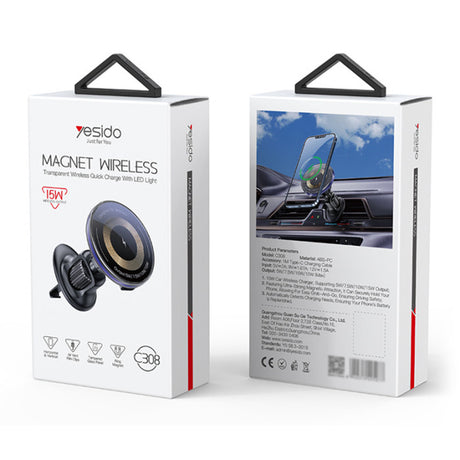 Suport Yesido with Wireless Charging (C308), for Air Vent, Flowing Light, Multi Folding Clamp Arm, Type-C, 15W, Negru