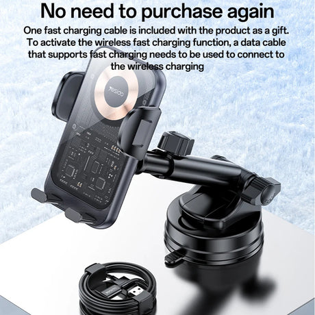 Suport Yesido with Wireless Charging (C307), for Dasboard, Electric Lock, Transparent Design, Smart Chip, 15W, Negru