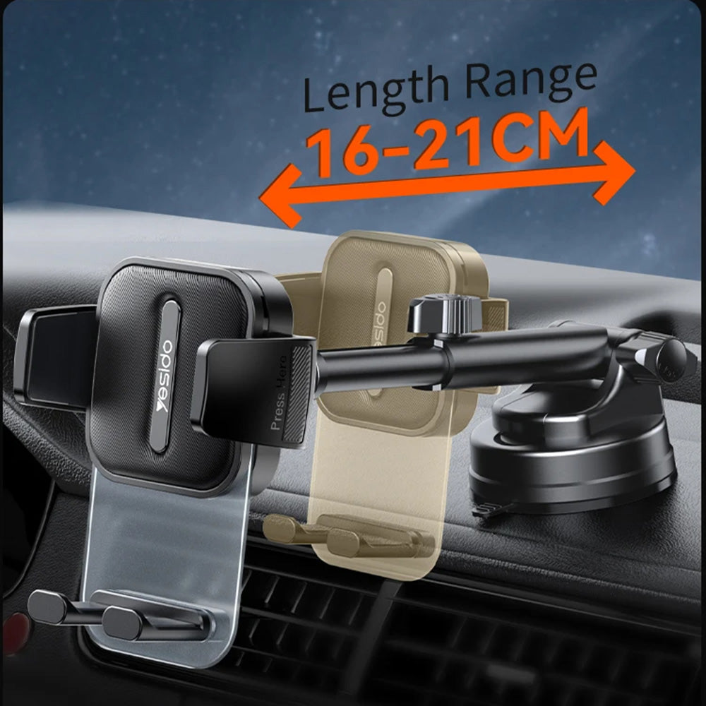 Suport Yesido (C261), for Dashboard/Windshield, 360°, Anti-slip, Transparent Panel, Telescopic Arm, Auto Clip, Negru