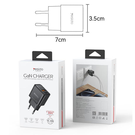 Incarcator Yesido (YC64), Dual Port Type-C + USB-A, Fast Charging, GaN Technology, PD30W, Negru