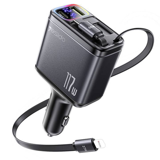 Incarcator Yesido 4in1 Car (Y63), with 2x Retractable Cable, LED Ambient Light, Fast Charging, 117W, Gri