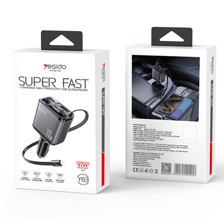 Incarcator Yesido 4in1 Car (Y63), with 2x Retractable Cable, LED Ambient Light, Fast Charging, 117W, Gri