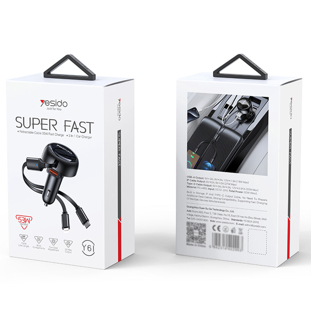 Incarcator Yesido Car (Y61), with 2x Telescopic Retractable Cable Type-C/Lightning, Fast Charging, USB-A, 53W, Negru