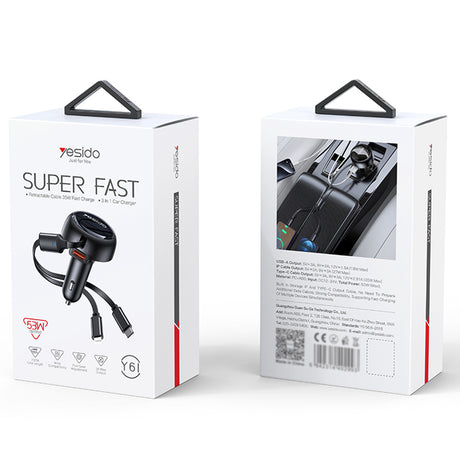 Incarcator Yesido Car (Y61), with 2x Telescopic Retractable Cable Type-C/Lightning, Fast Charging, USB-A, 53W, Negru