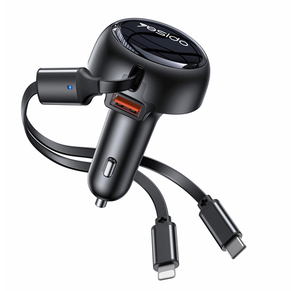 Incarcator Yesido Car (Y61), with 2x Telescopic Retractable Cable Type-C/Lightning, Fast Charging, USB-A, 53W, Negru