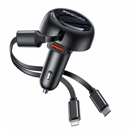 Incarcator Yesido Car (Y61), with 2x Telescopic Retractable Cable Type-C/Lightning, Fast Charging, USB-A, 53W, Negru