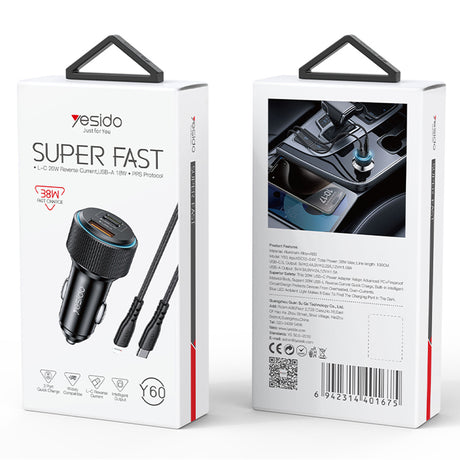 Incarcator Yesido Car (Y60), Cable Type-C to Lightning Included, Lightning/USB-A/USB-C Ports, 38W, Fast Charging, Negru