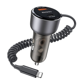 Incarcator Yesido Car (Y57), with Lightning Spring Cable, Type-C/USB-A Ports, 50W, Fast Charging, Negru