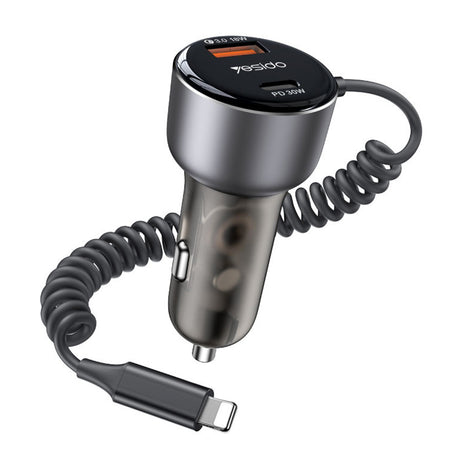 Incarcator Yesido Car (Y57), with Lightning Spring Cable, Type-C/USB-A Ports, 50W, Fast Charging, Negru