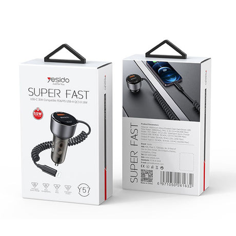 Incarcator Yesido Car (Y57), with Lightning Spring Cable, Type-C/USB-A Ports, 50W, Fast Charging, Negru