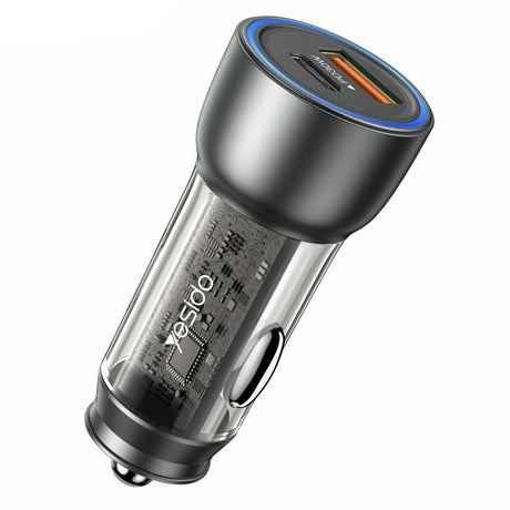 Incarcator Yesido Car (Y49), USB-A, Type-C, LED Light Effect, Fast Charging, 30W, Gri