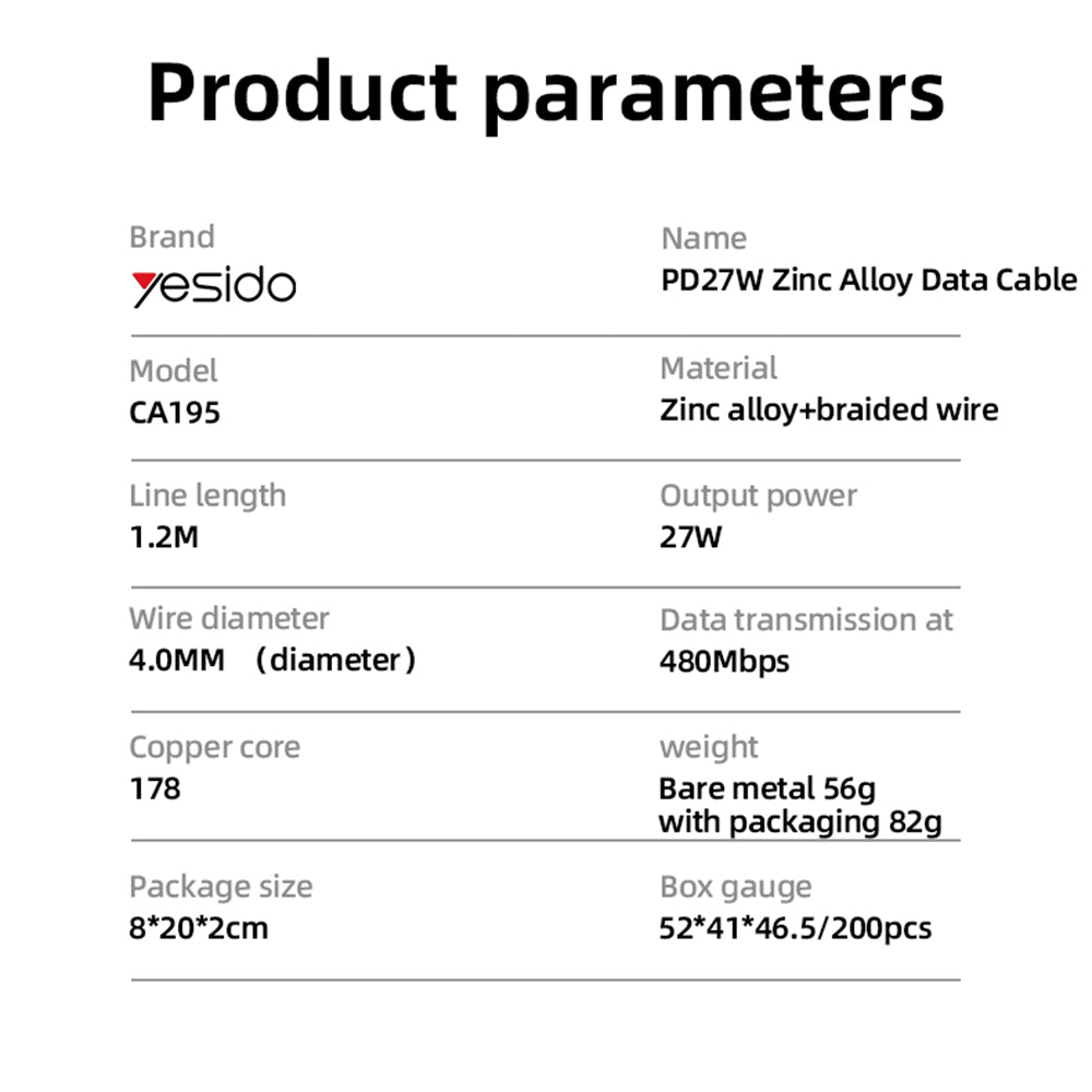 Cablu Yesido (CA195), Type-C to Lightning, Fast Charging, PD27W, CarPlay Compatible, Zinc Alloy, 1.2m, Negru