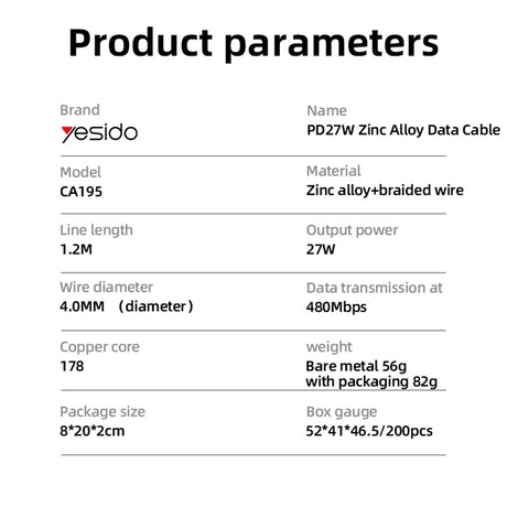 Cablu Yesido (CA195), Type-C to Lightning, Fast Charging, PD27W, CarPlay Compatible, Zinc Alloy, 1.2m, Negru