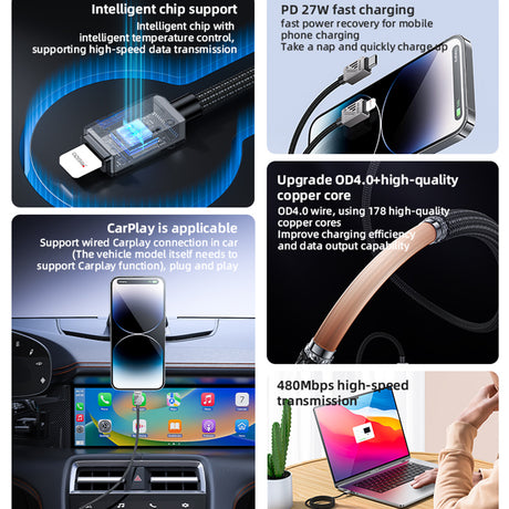 Cablu Yesido (CA195), Type-C to Lightning, Fast Charging, PD27W, CarPlay Compatible, Zinc Alloy, 1.2m, Negru