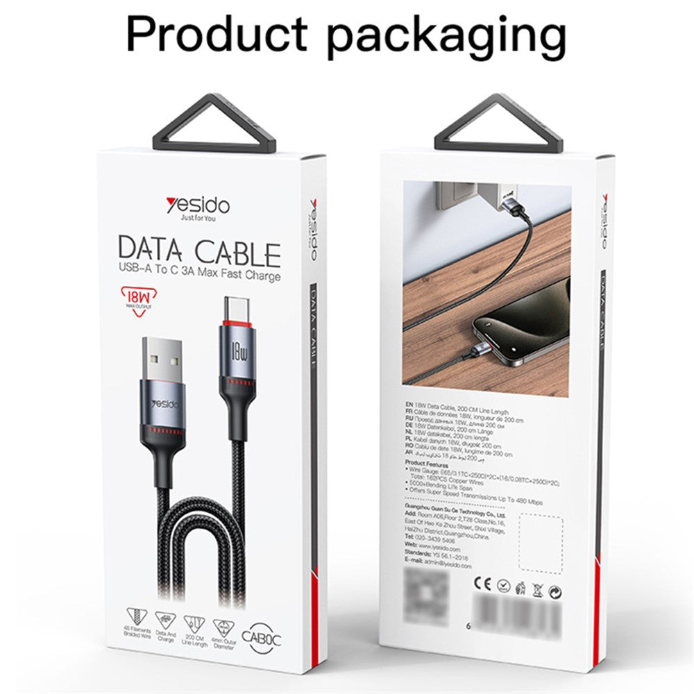 Cablu Yesido (CA130C), USB to Type-C, Fast Charge, 18W, 3A, 480Mbps, CarPlay Compatible, Aluminum Alloy, 2m, Negru