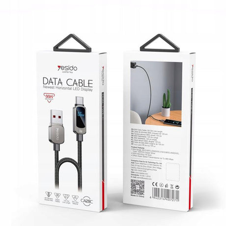 Cablu Yesido (CA128C), with LED Power Display, USB to Type-C, Fast Charge, 66W, 5A, 480Mbps, 1.2m, Negru