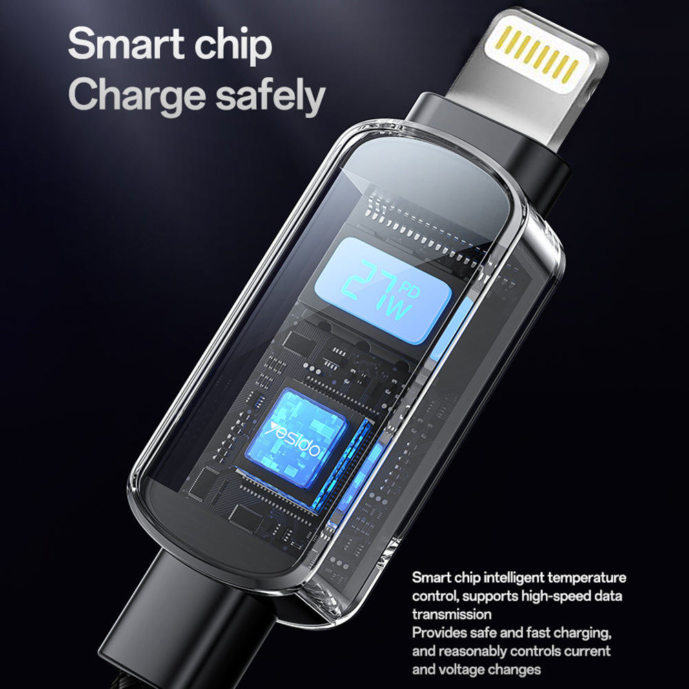 Cablu Yesido (CA180), Super Fast Charging, with Digital Display, Type-C to Lightning, 27W, 3A, 480Mbps, 1.2m, Negru