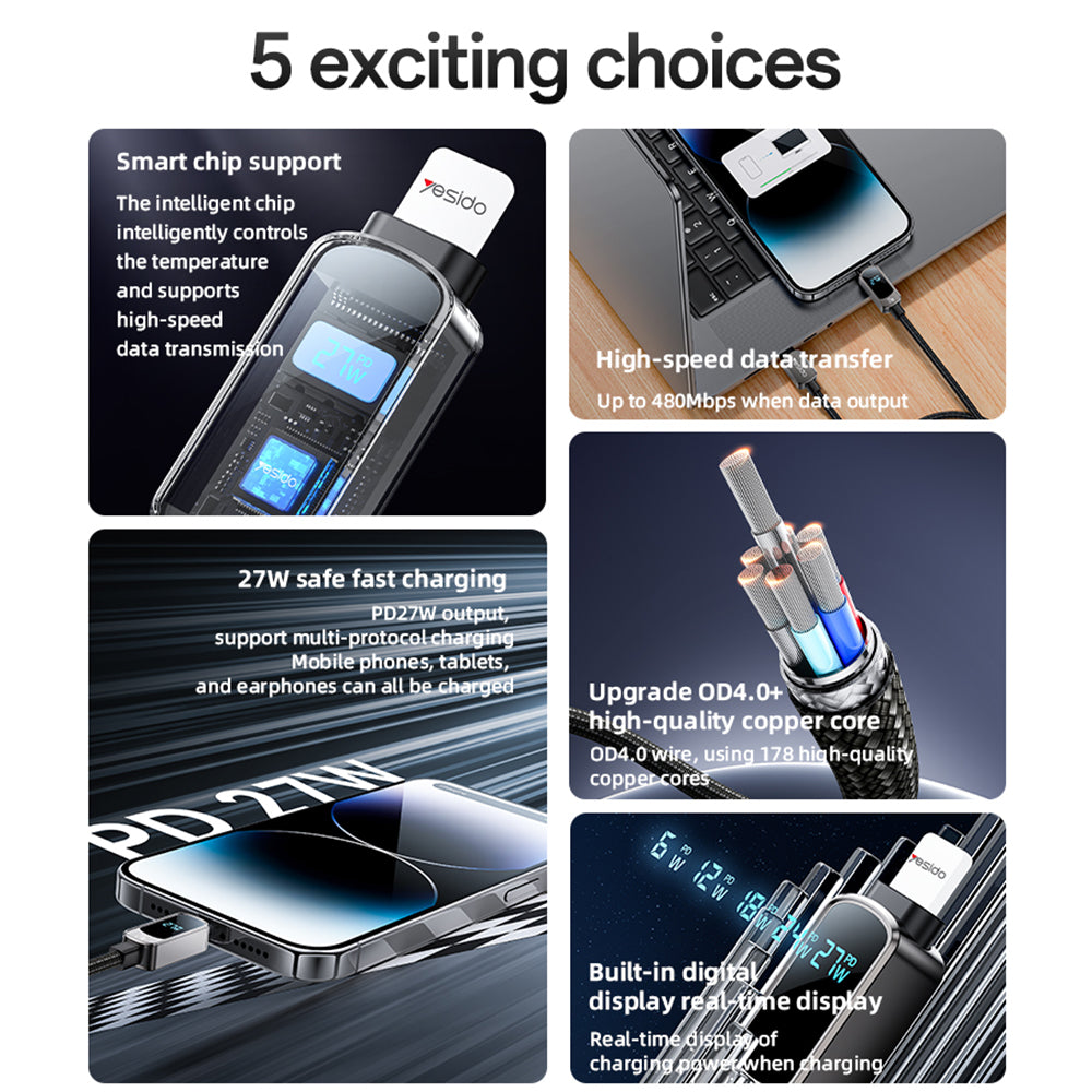 Cablu Yesido (CA180), Super Fast Charging, with Digital Display, Type-C to Lightning, 27W, 3A, 480Mbps, 1.2m, Negru