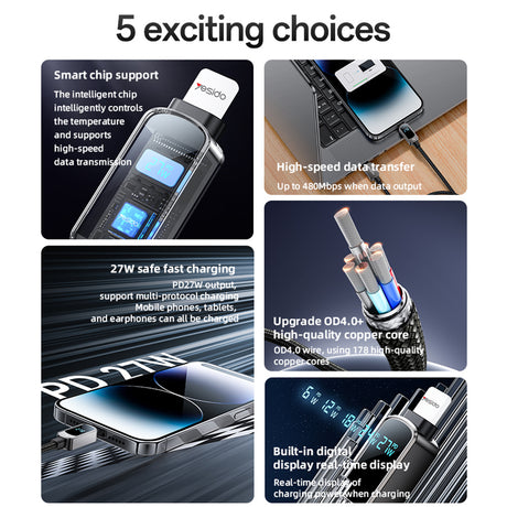 Cablu Yesido (CA180), Super Fast Charging, with Digital Display, Type-C to Lightning, 27W, 3A, 480Mbps, 1.2m, Negru