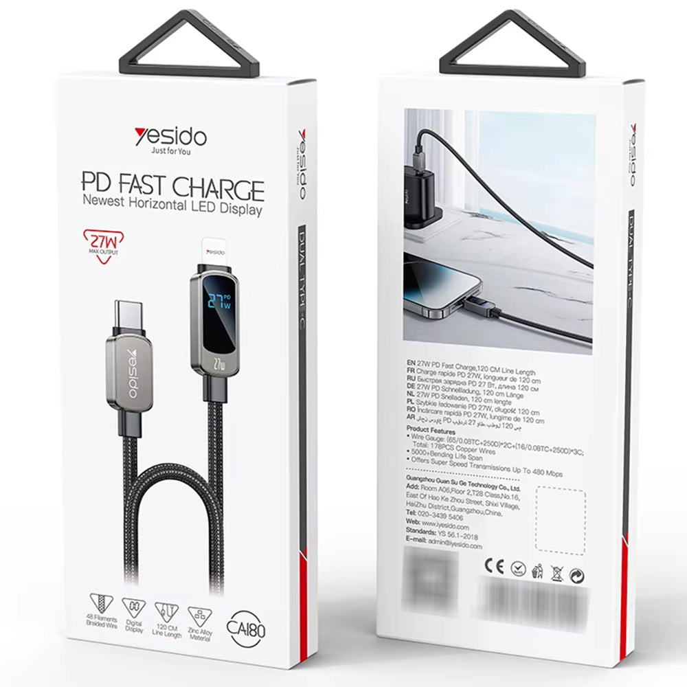 Cablu Yesido (CA180), Super Fast Charging, with Digital Display, Type-C to Lightning, 27W, 3A, 480Mbps, 1.2m, Negru