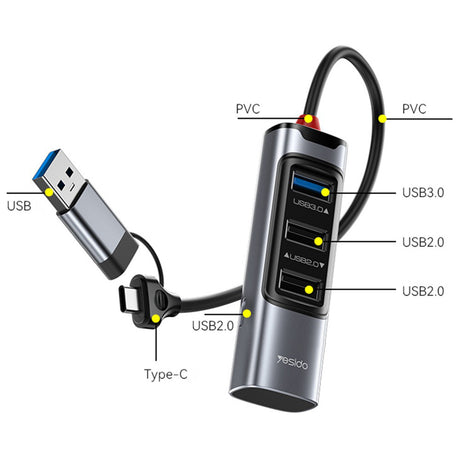 Hub Yesido (HB19), USB Type-C to 3x USB, 5Gbps, Gri