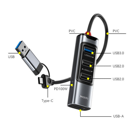 Hub/Dock Yesido Docking Station 5in1 (HB20), USB, Type-C to 4x USB, USB-C, PD100W, Fast Charge, Plug & Play, 5Gbps, Gri